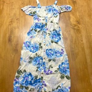 Justice, blue, white, purple, and green dress